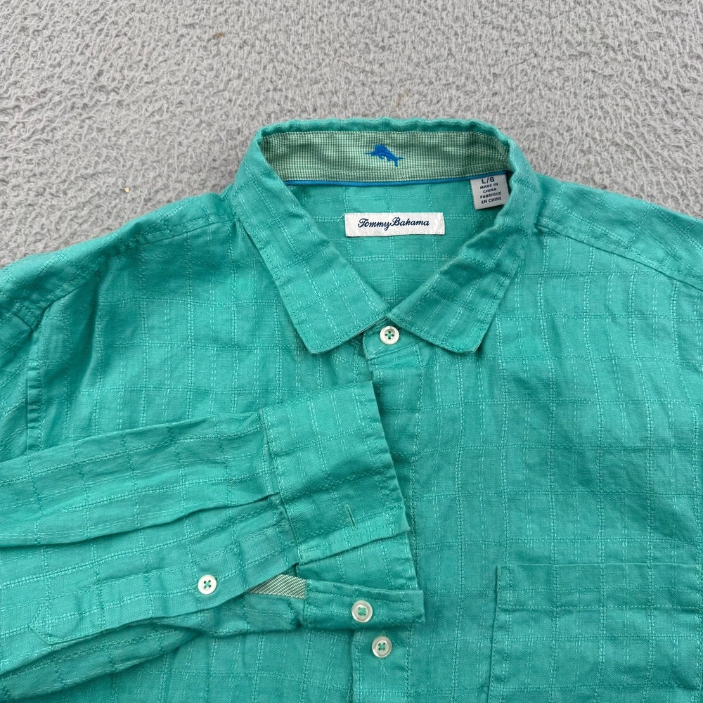 Tommy Bahama Button Up Men L Teal Grid Textured 100% Linen Long Sleeve Shirt